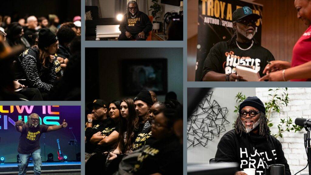 Collage of Troy Evans engaging in various activities, including speaking at events, interacting with attendees, and recording content, showcasing his commitment to inspiring urban leadership and transformation.