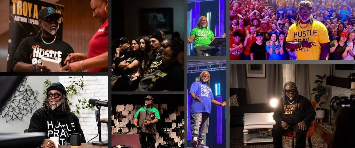 Troy Evans urban ministry engaging in various activities, including public speaking, mentoring, and connecting with audiences while wearing 'Hustle Pray Eat' apparel.